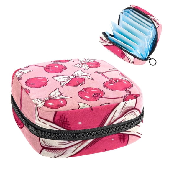 1Pc Cute Period Bag Menstrual Cup Pouch, Large Storage Bag Sanitary Purse for Sanitary Napkin Pads, Cute Cherries and Bows Pink Background Pads Organizer for Girls Women