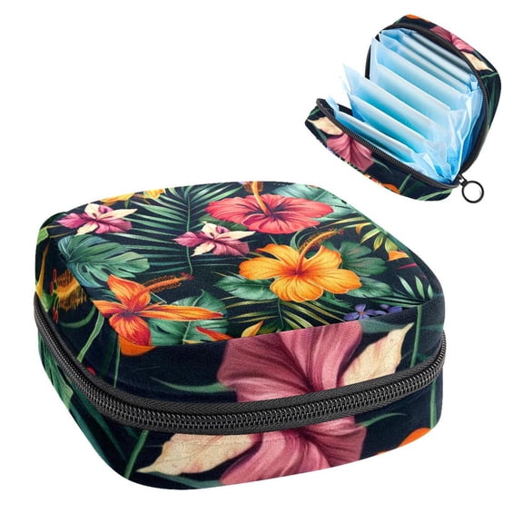 1Pc Cute Period Bag Menstrual Cup Pouch, Large Storage Bag Sanitary Purse for Sanitary Napkin Pads, Exotic Flowers Palm Leaves Hibiscus Floral Pads Organizer for Girls Women