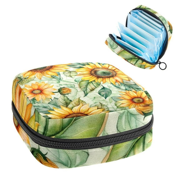 1Pc Cute Period Bag Menstrual Cup Pouch, Large Storage Bag Sanitary Purse for Sanitary Napkin Pads, Seamless Watercolor Yellow Sunflowers Pads Organizer for Girls Women