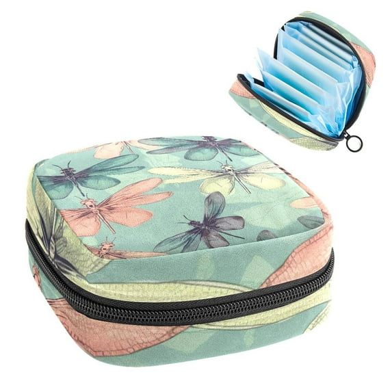 1Pc Cute Period Bag Menstrual Cup Pouch, Large Storage Bag Sanitary Purse for Sanitary Napkin Pads, Color Dragonflies Pads Organizer for Girls Women