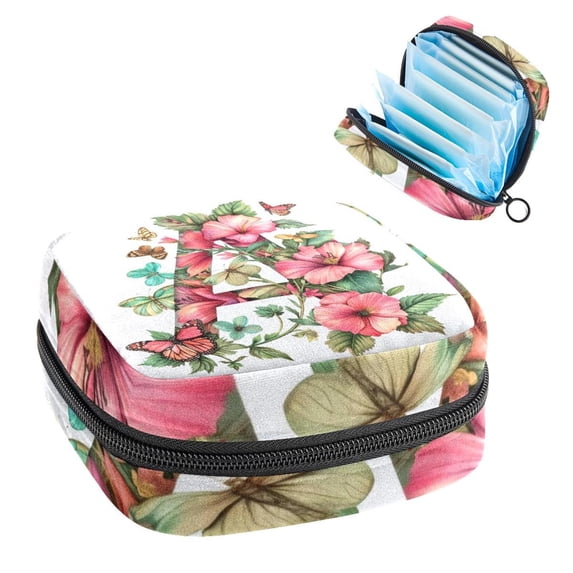 1Pc Cute Period Bag Menstrual Cup Pouch, Large Storage Bag Sanitary Purse for Sanitary Napkin Pads, Aesthtetic Letter a with Flowers Butterflies Pattern Pads Organizer for Girls Women