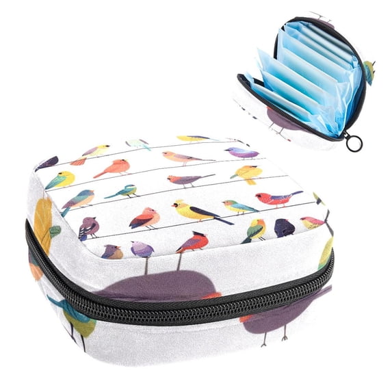 1Pc Cute Period Bag Menstrual Cup Pouch, Large Storage Bag Sanitary Purse for Sanitary Napkin Pads, Colorful Birds Sitting on Wires Pads Organizer for Girls Women