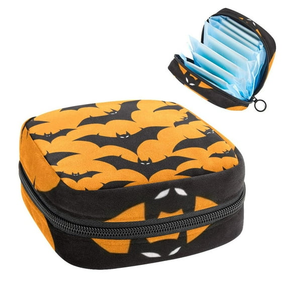 1Pc Cute Period Bag Menstrual Cup Pouch, Large Storage Bag Sanitary Purse for Sanitary Napkin Pads, Halloween Black Bat Silhouette on Orange Background Pads Organizer for Girls Women