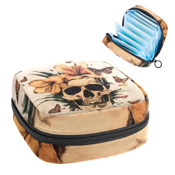 1Pc Cute Period Bag Menstrual Cup Pouch, Large Storage Bag Sanitary Purse for Sanitary Napkin Pads, Vintage Skull Floral Plant Butterflies Pads Organizer for Girls Women