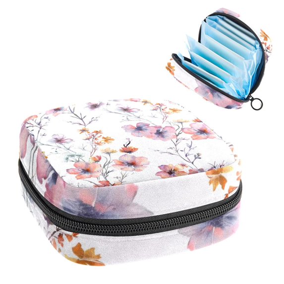 1Pc Cute Period Bag Menstrual Cup Pouch, Large Storage Bag Sanitary Purse for Sanitary Napkin Pads, Watercolor Delicate Flowers Pattern Pads Organizer for Girls Women