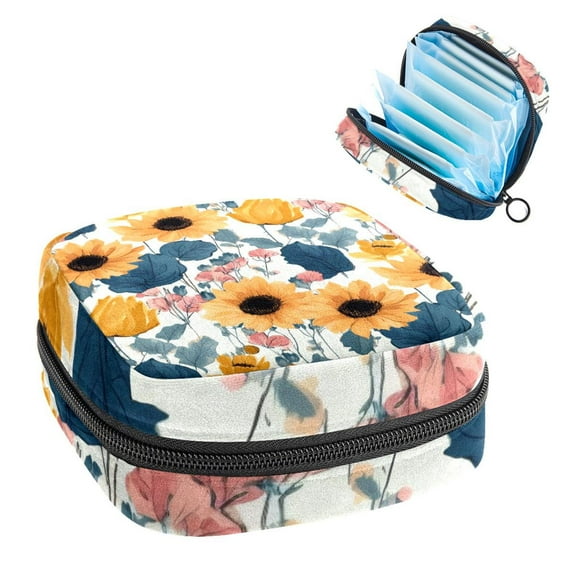 1Pc Cute Period Bag Menstrual Cup Pouch, Large Storage Bag Sanitary Purse for Sanitary Napkin Pads, Cute Watercolor Sunflowers Seamless Pattern Pads Organizer for Girls Women