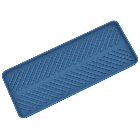 1Pc Dark Blue Silicone Sink Tray 9", Slim Sponge Holder for Kitchen Countertop, Raised Ridges Quick Drying Soap Caddy Fits Narrow Space