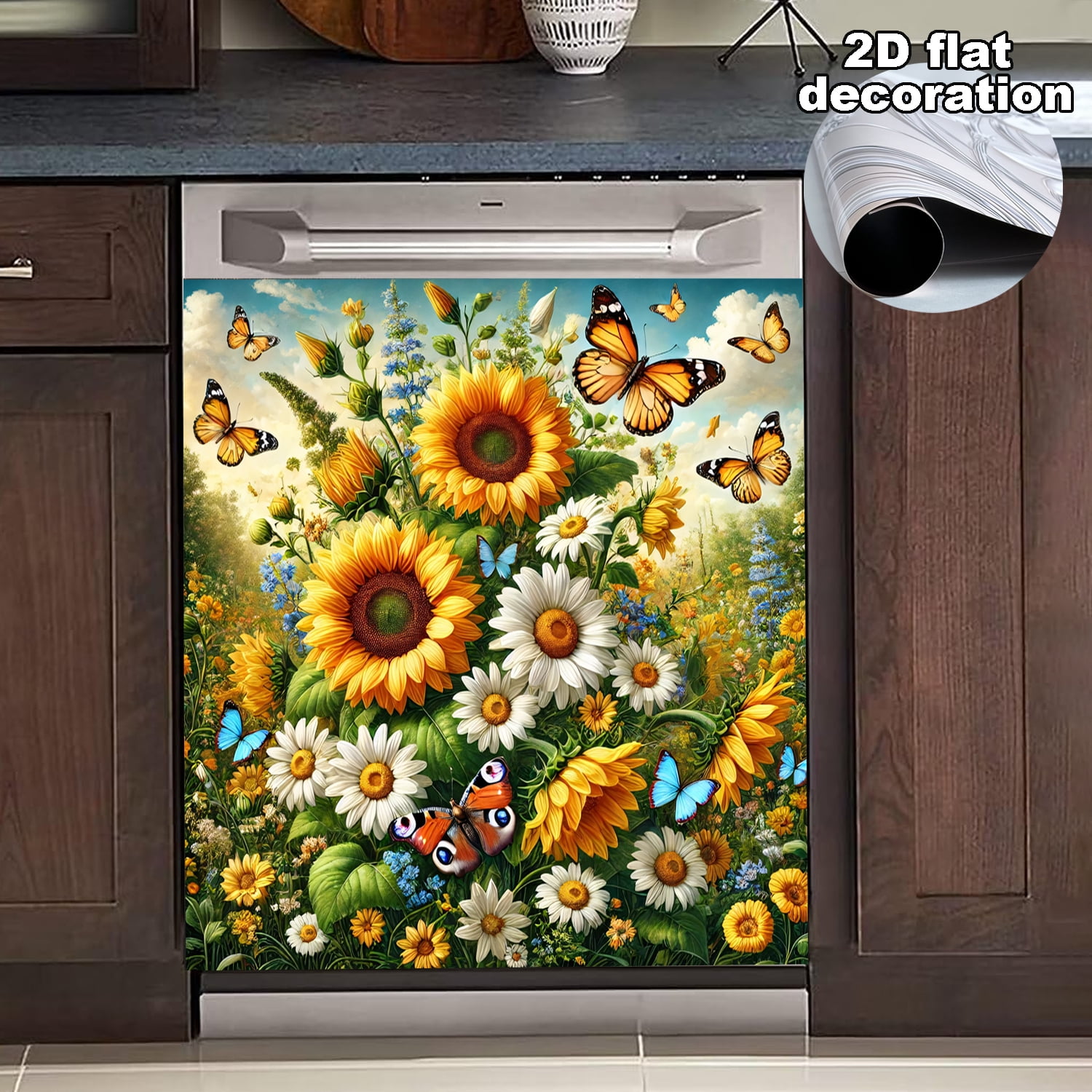1Pc Dishwasher Magnet Cover, Sunflowers and Butterflies Magnet Sticker Fridge Panel Decal for Home Kitchen Decor, 23x26 in