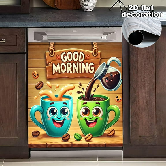 1Pc   Dishwasher Magnetic Cover Sticker Morning Coffee Decor Kitchen Refrigerator Magnet Home Cartoon Coffee Dishwasher Washer Panel Decal, 23x26inch