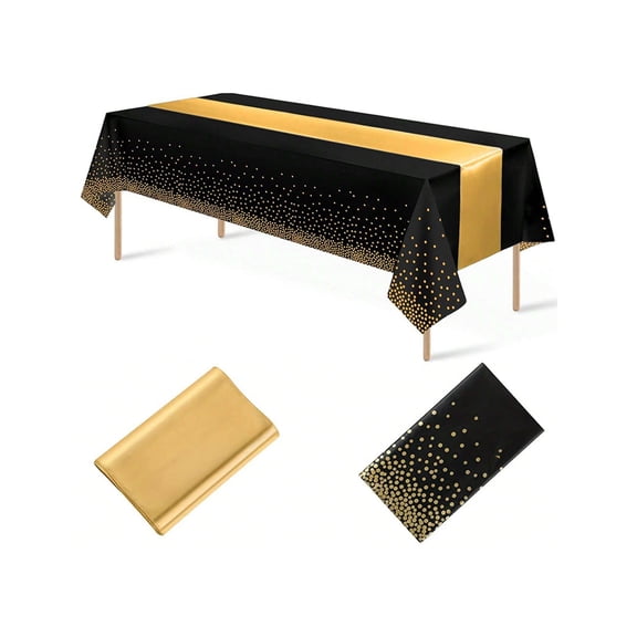 1Pc Disposable Plastic Tablecloth And 4Pcs Satin Table Runner Set Black Gold Dot For Wedding Black