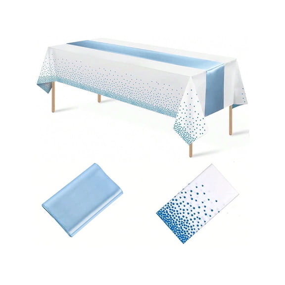 1Pc Disposable Plastic Tablecloth And 4Pcs Satin Table Runner Set Black Gold Dot For Wedding Blue