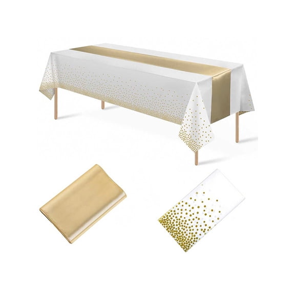 1Pc Disposable Plastic Tablecloth And 4Pcs Satin Table Runner Set Black Gold Dot For Wedding Gold