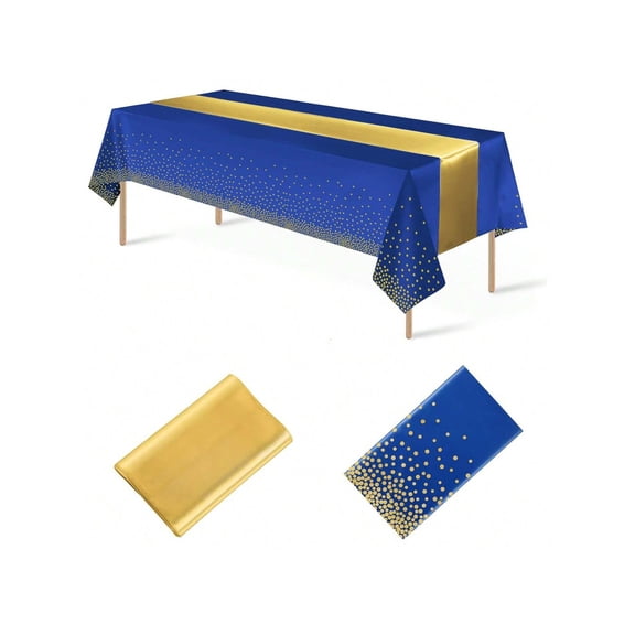 1Pc Disposable Plastic Tablecloth And 4Pcs Satin Table Runner Set Black Gold Dot For Wedding Navy