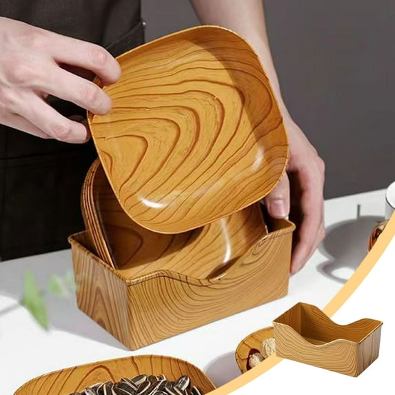 1Pc Disposable Wood Grain Plates for Parties – Heavy-Duty Brown Paper Serving Trays, Sturdy, Waterproof, Perfect for Desserts, Snacks, Picnics, and Family Dinners, 14.5x14.5x3cm