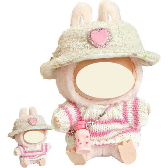 1Pc Doll Clothes Accessories Set For 1St & 2Nd Generation Dolls - White Heart Fleece Hat, Pink White Striped Sweater, Random Pattern Pink Water Bottle - For Doll Dress - Up,