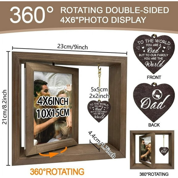 1Pc Double Sided Rotating Picture Frame for Dad To Our Family You Are the World Wood Photo Frame with Heart Charms Memorial Gift for Father's Day Birthday Fits 4x6inch(10x15cm) in Photo