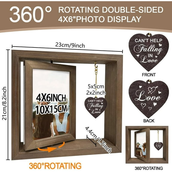 1Pc Double Sided Rotating Picture Frame for Wedding Can't Help Falling in Love Wood Photo Frame with Heart Charms Engagement Married Gift for Couple Lover Fits 4x6inch(10x15cm) in Photo