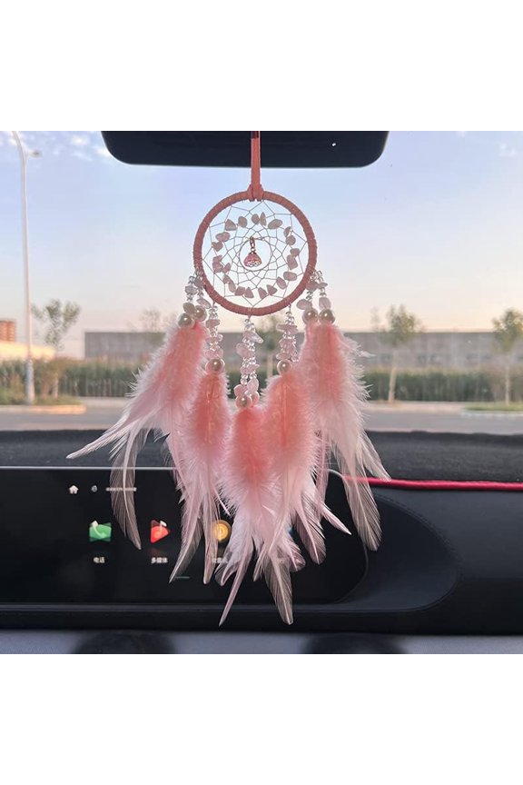 1Pc Dream Catcher Natural Rose Quartz Woven Web Net with Pendant Decorations with Imitation Pearl Covered with Cotton Lace Villus Cord 470mm