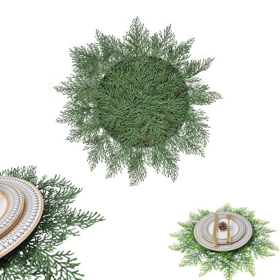 1Pc Durable Faux Cedar Placemat,Round Faux Cedar Greenery Placemat,Christmas Artificial Cedar Placemat,Washable Winter Placemat,Winter Greenery Faux Cedar Placemat for Xmas Holiday Tabletop Decor