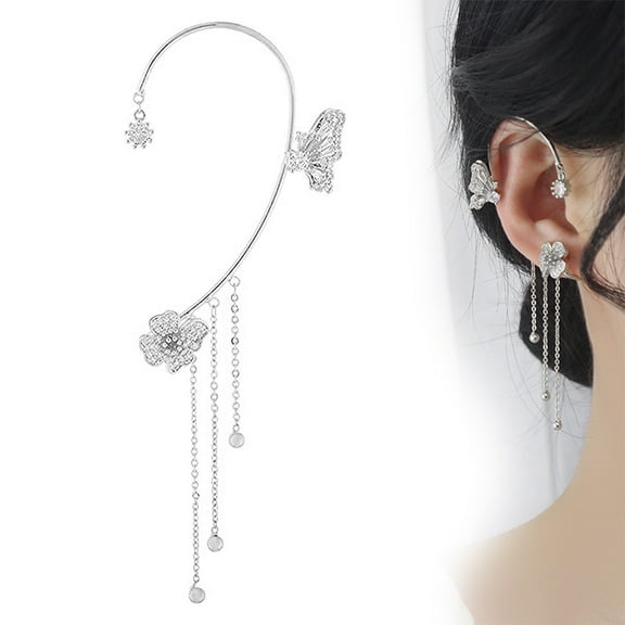 1Pc Ear Cuffs Non Piercing, Butterfly Earrings, Alloy + AAA Grade Cubic Zirconia Vintage Hypoallergenic Ear Cuff Earrings Tassel Long Earrings Clip for Women, Silver Left Ear