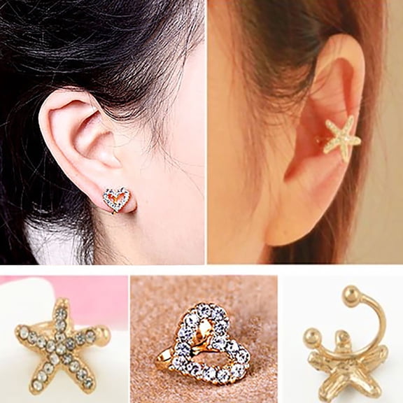 1Pc Earrings Rhinestone Inlaid Jewelry Gift Alloy Starfish Love Style Crystal Rhinestone Clip for Daily Life,Golden Love