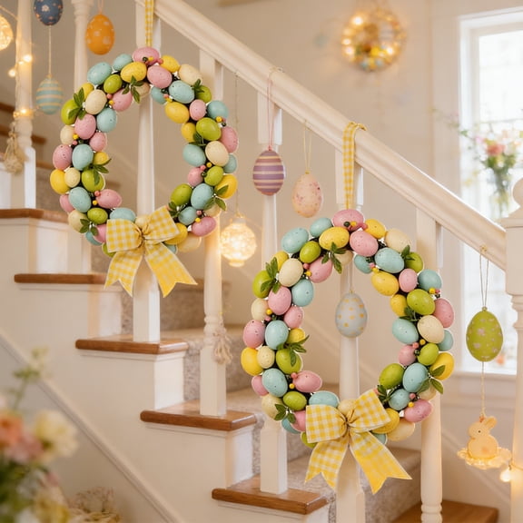 1Pc Easter Egg Wreath, 18*14Inch Foam Egg Grass Woven Vine Ring Decoration, Front Door Wall Hanging For Home Festival Party Decor