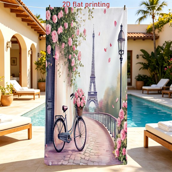 1Pc Eiffel Tower street view pattern beach towel, French romantic wind tower and bicycle design print, suitable for vacation, swimming pool, is a must for summer beach trip