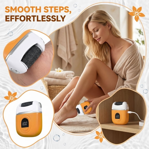 1Pc Electric Foot File, Rechargeable Callus Remover With 3 Replacement Heads, Orange Color, For Home Pedicure Use, Exfoliation & Smoothing