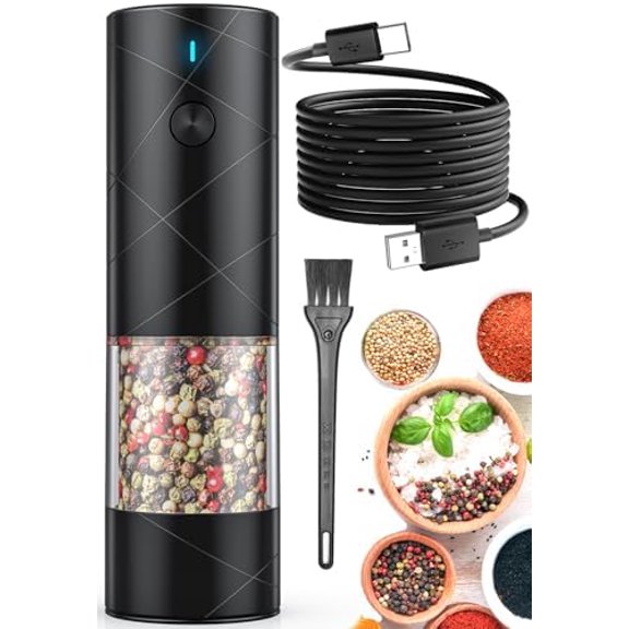 1Pc Electric Salt and Pepper Grinder USB Rechargeable with Warm LED Light, Adjustable Coarseness  Large Capacity Automatic Salt Pepper Mill Shakers for Kitchen, Restaurant, Outdoor, Black