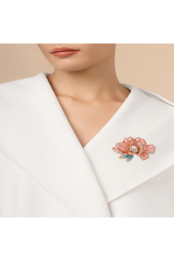 1Pc Enamel Pins Alloy Rhinestone Brooches Peony with Plastic Imitation Pearl Beads PeachPuff 38.5x48.5mm DIY