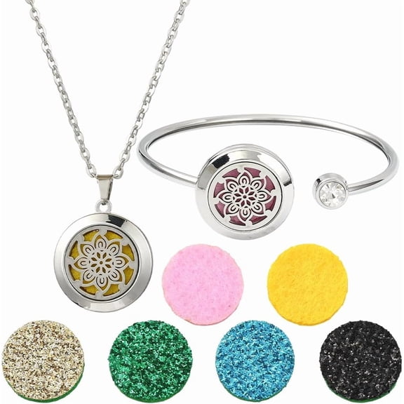 1Pc Essential Oil Diffuser Bracelet 1Pc Essential Oil Necklace with 10Pcs Refill Pads Flower Stainless Steel Necklaces Adjustable Cuff Bangles Aromatherapy Locket Bracelets for DIY