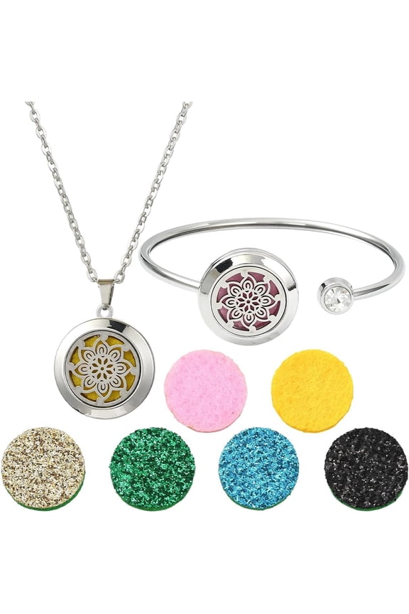 1Pc Essential Oil Diffuser Bracelet 1Pc Essential Oil Necklace with 10Pcs Refill Pads Flower Stainless Steel Necklaces Adjustable Cuff Bangles Aromatherapy Locket Bracelets for Women Gifts