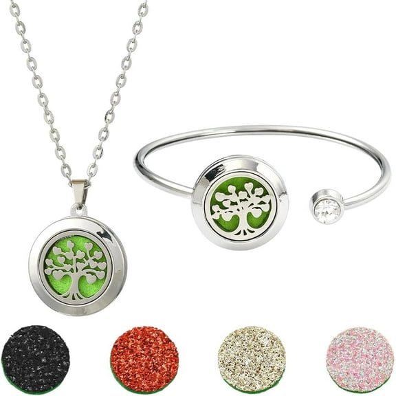1Pc Essential Oil Diffuser Bracelet 1Pc Essential Oil Necklace with 10Pcs Refill Pads Tree of Life Stainless Steel Adjustable Bangle Bracelets Necklaces Aromatherapy Jewelry for Women Gift
