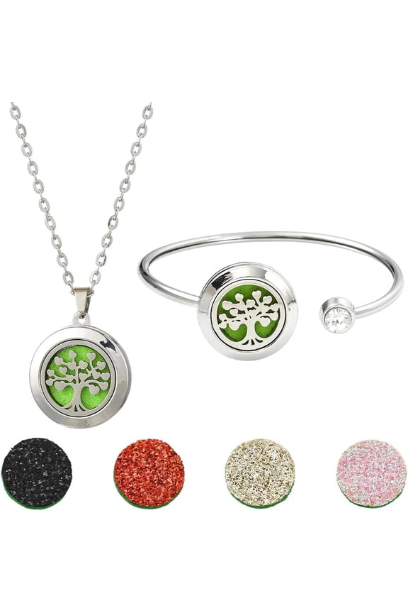 1Pc Essential Oil Diffuser Bracelet 1Pc Essential Oil Necklace with 10Pcs Refill Pads Tree of Life Stainless Steel Adjustable Bangle Bracelets Necklaces Aromatherapy Jewelry for Women Gift