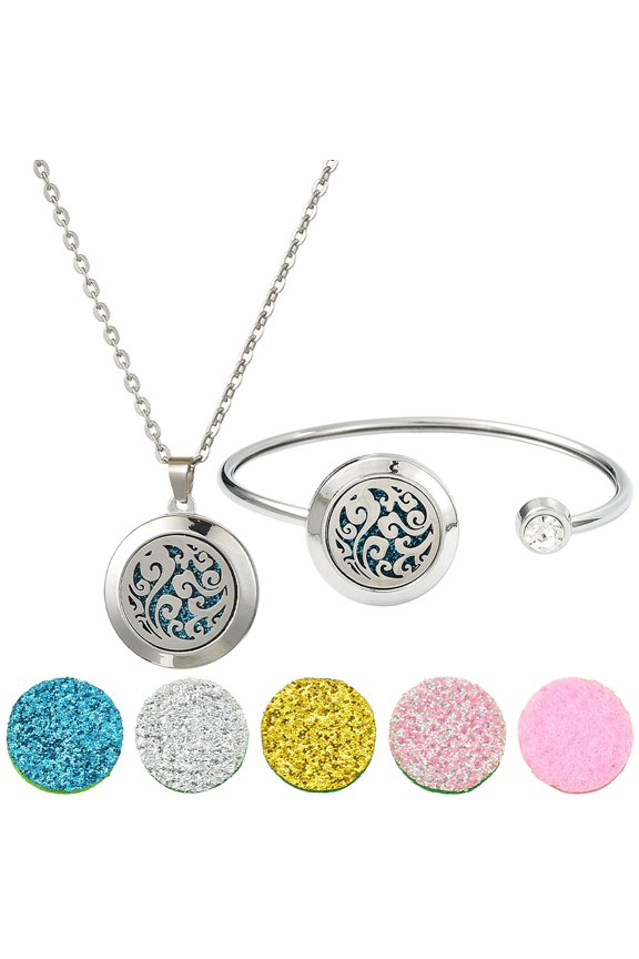 1Pc Essential Oil Necklace 1Pc Essential Oil Diffuser Bracelet with 10Pcs Refill Pads Cloud Stainless Steel Cuff Bangle Diffuser Locket Necklaces Aromatherapy Jewelry for Women Gifts DIY