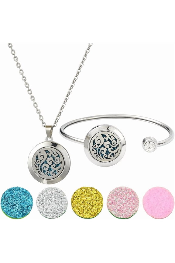 1Pc Essential Oil Necklace 1Pc Essential Oil Diffuser Bracelet with 10Pcs Refill Pads Cloud Stainless Steel Cuff Bangle Diffuser Locket Necklaces Aromatherapy Jewelry for Women Gifts