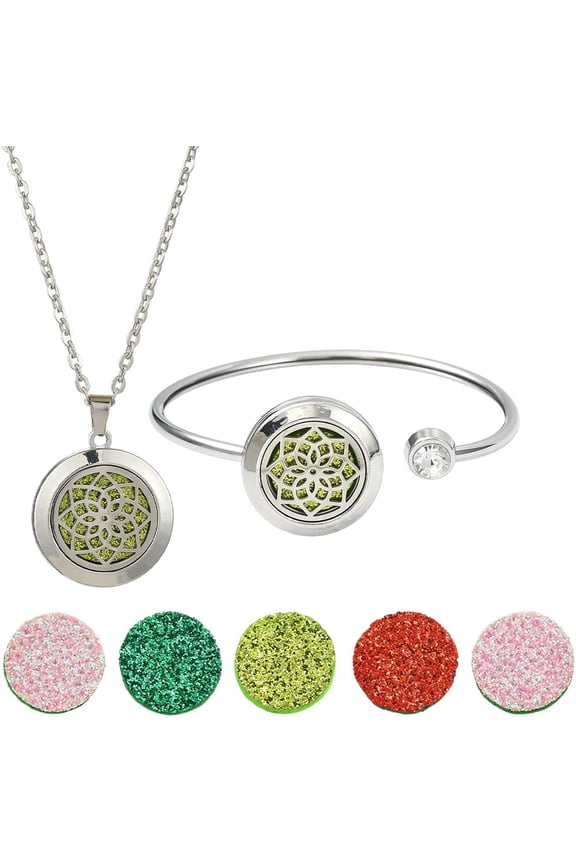1Pc Essential Oil Necklace 1Pc Essential Oil Diffuser Bracelet with 10Pcs Refill Pads Flower Stainless Steel Aromatherapy Locket Pendant Bracelets Necklaces Diffuser Jewelry for Women Gifts Colorful
