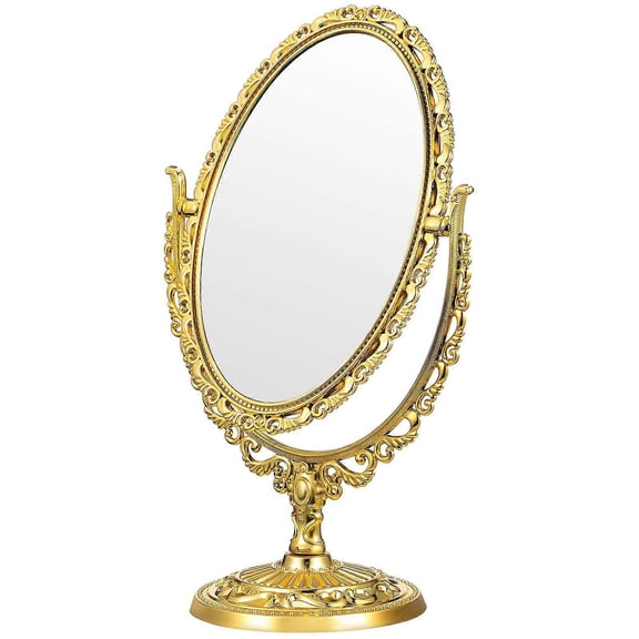 1Pc European Style Cosmetic Mirror Desktop Makeup Mirror Retro Double Sided Oval Mirror for Home Bathroom Bedroom (Golden)