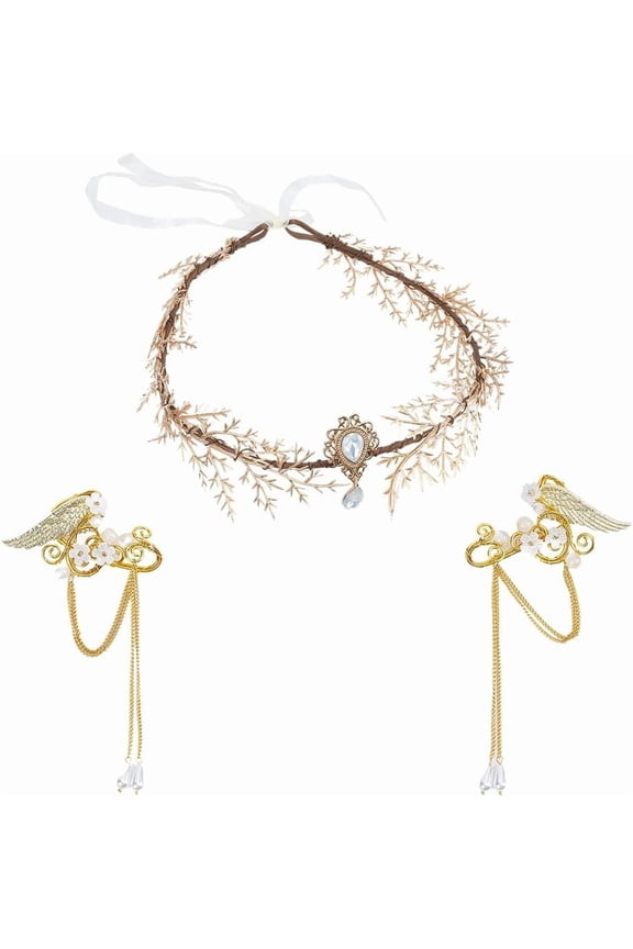 1Pc Fairy Flower Leaf Crowns 1Pair Elf Earrings Golden Elven Princess Tiara Flower Pearl Elven Ear Cuffs DIY