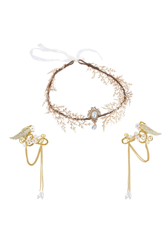 1Pc Fairy Flower Leaf Crowns 1Pair Elf Earrings Golden Elven Princess Tiara Flower Pearl Elven Ear Cuffs for Costume Cosplay Wedding Handcraft