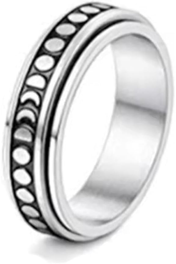 1Pc Fidget Ring 16.5mm Stainless Steel Fidget Anxiety Ring Moon Pattern Stress Relieving Jewelry Accessories for Men Women Home Office Daily Wear Gray