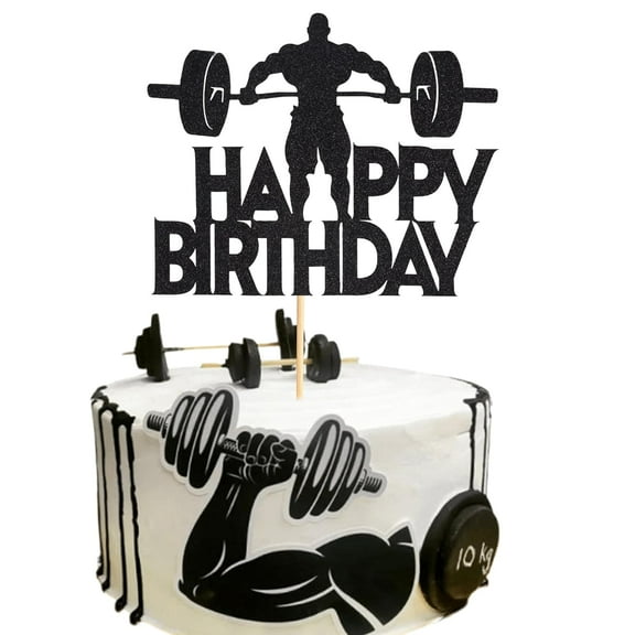 1Pc Fitness Cake Topper - Gym Themed Weight Lifting Lover's Athlete Body Builder Sport Weightlifting Happy Birthday Party Decoration Fitness Enthusiast - Black Glitter