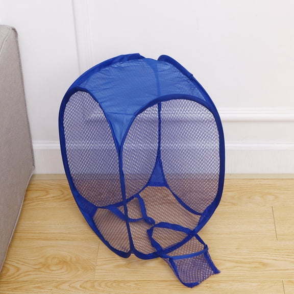 1Pc Foldable Laundry Hamper Blue Mesh Basket for Organizing Clothes with Wire Bracket