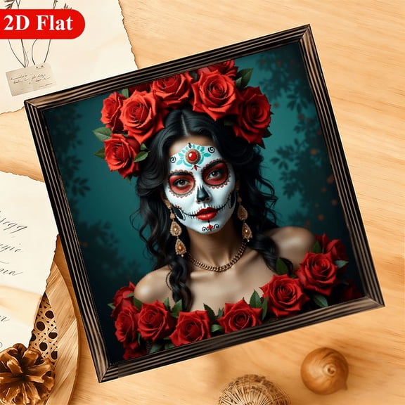 1Pc Frame Day of the Dead, Skull Painted Wreath, Mexican Folk Art Style Wall Art Paintings Ideal Gift For Living Room Bedroom Corridor Wall Decor Room Decoration Ready to Hang 12x12inch, Vint