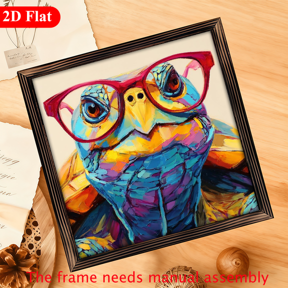1Pc Frame Sign Turtle with glasses, abstract color portrait, expressionist style Wall Art Paintings Ideal Gift For Living Room Bedroom Corridor Wall Decor Room Decoration Ready to Hang 12x12i
