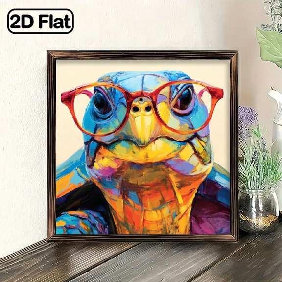 1Pc Frame Sign Turtle with glasses, abstract color portrait, expressionist style Wall Art Paintings Ideal Gift For Living Room Bedroom Corridor Wall Decor Room Decoration Ready to Hang 8x8i