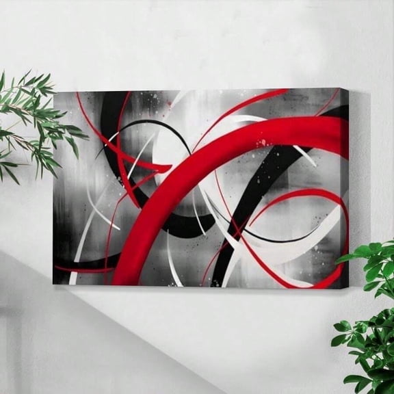 1Pc Framed Canvas Wall Art Abstract Lines, Red, Black And White Three-Color Flow, Modern Minimalist Print Canvas Poster Painting Room Wall Decor, Ideal Gift For Bedroom Living Room Hallway Dorm