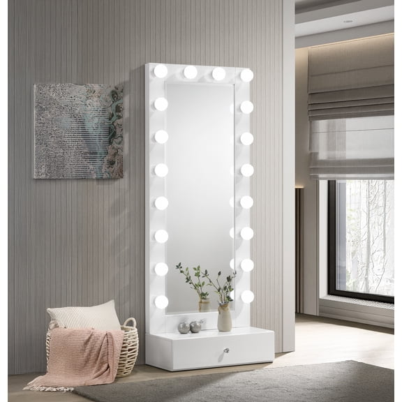 1Pc Glam Tall Lighted Mirror with Drawer Box Beveled Mirror Crystal Knob Glossy White Finish Vanity