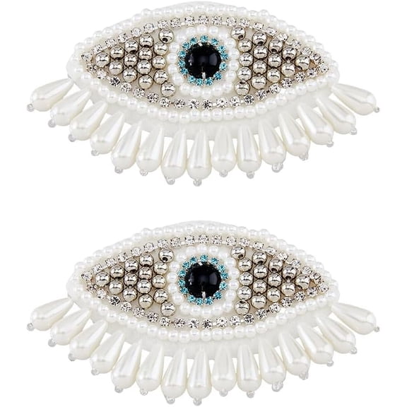 1Pc Glass Beaded Evil Eye Patches Sew on Tassel Beaded White Patches Imitation Pearl Evil Eye Appliques Garments Accessories Appliques for Vintage Sewing Skirt Costume Gown DIY