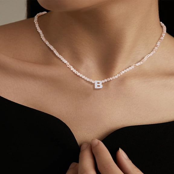 1Pc Glass Rondelle Beaded Necklaces Natural Shell Letter Charms Necklaces Iron Jewelry Golden Letter B 15.55 inch(39.5cm) Seashell Color